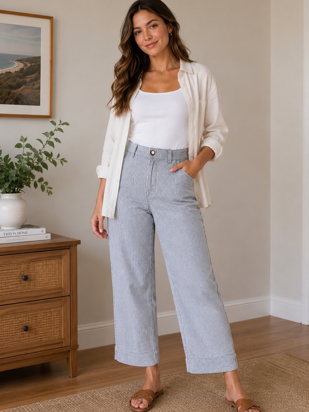 L.L.Bean Seersucker Cropped Pants Blue White Coastal Preppy 4